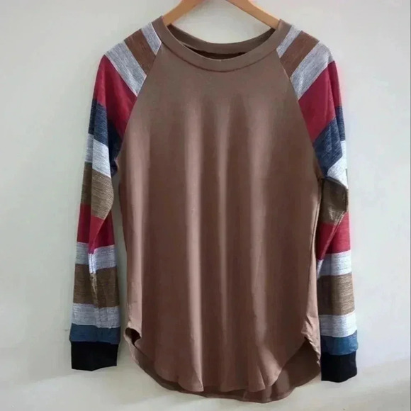 🌴2/$25🌴AMAZON | Women's Brown w/ Striped Long Sleeves Crewneck Tunic Top - Picture 1 of 4